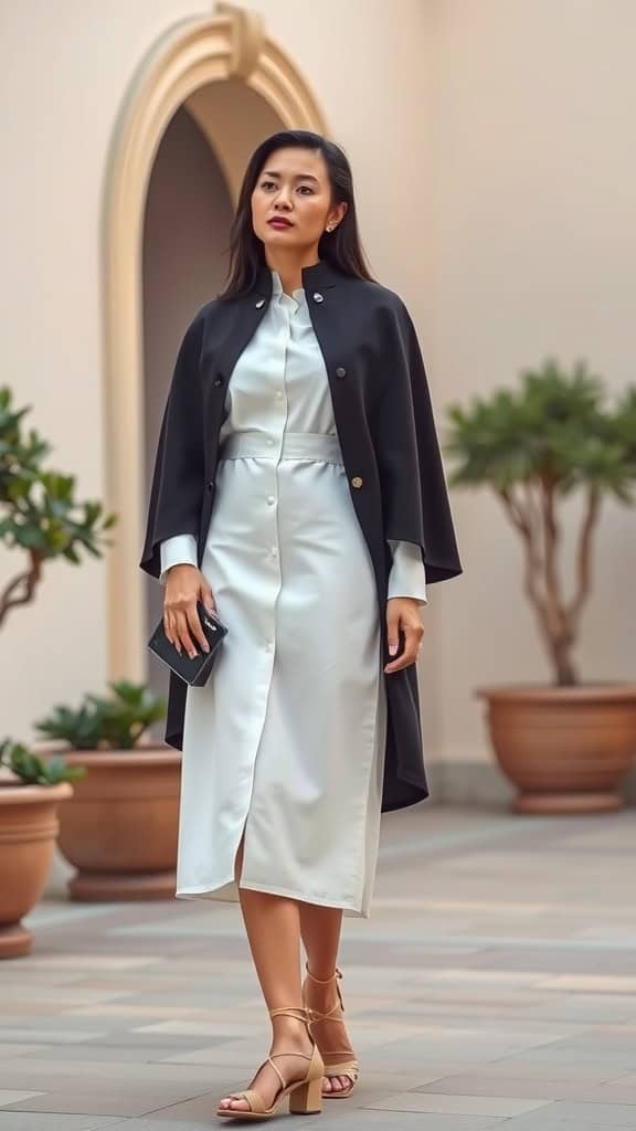 A woman wearing a white shirtdress layered with a black cape, showcasing a stylish and modest outfit.