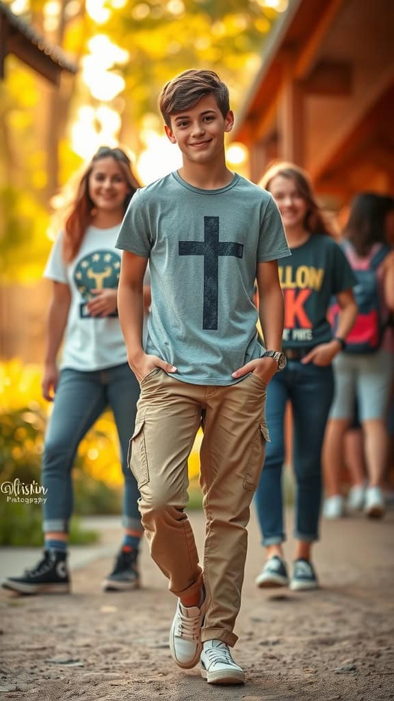 A boy walking confidently in a graphic tee with a large cross design and khaki pants, surrounded by friends at a church camp