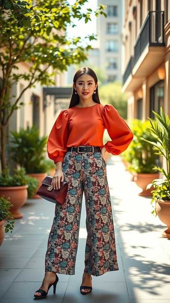 A woman in a bright orange puff-sleeve top and patterned culottes, standing confidently outdoors.