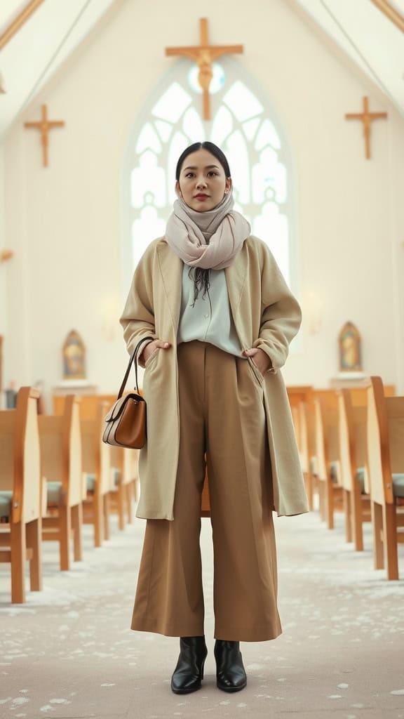 A woman standing in a church wearing trendy culottes and a loose-fitting modest blouse, complemented by a scarf and stylish boots.