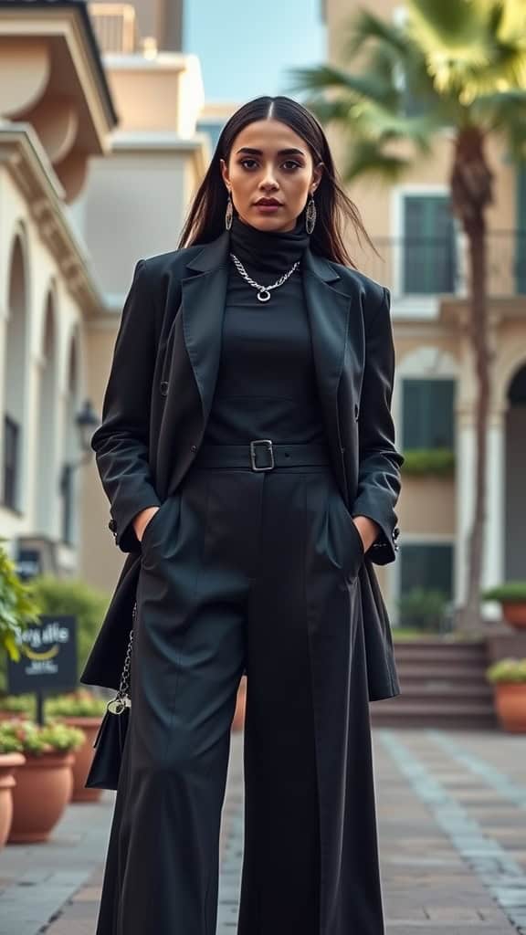 A woman standing confidently in a stylish black outfit featuring culottes and a structured jacket, set in a beautiful outdoor setting.