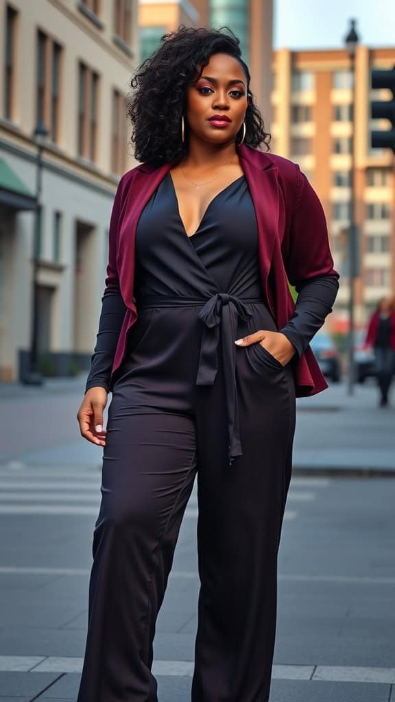 A curvy woman wearing a black jumpsuit with a burgundy shrug, posing confidently on a city street.