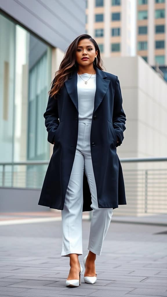 A model wearing a navy longline blazer over a light-colored jumpsuit, walking confidently in an urban setting.