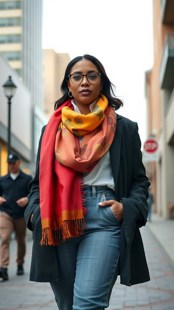 Woman in a black coat and vibrant scarf walking confidently in the city