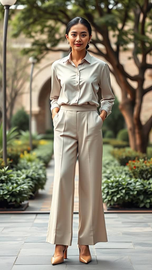 A woman in a button-up blouse and wide-leg pants, styled for a modest honeymoon outfit.