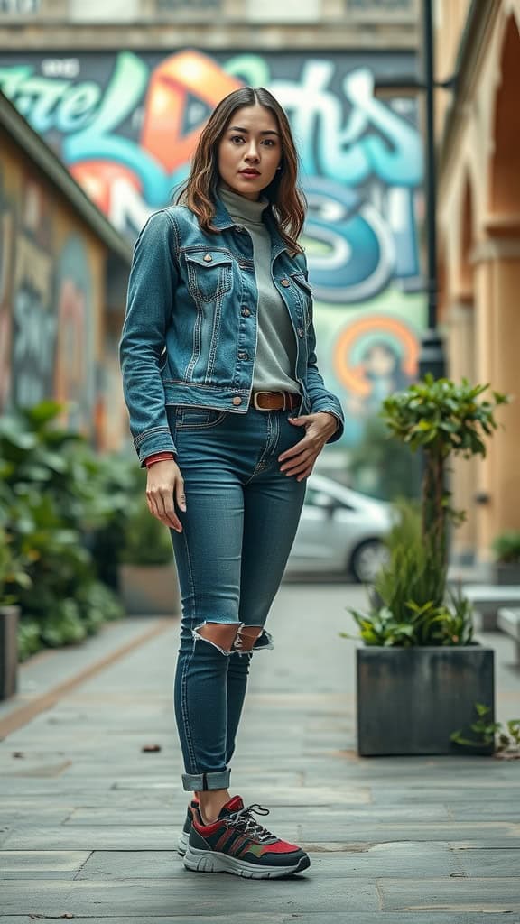 A woman wearing a denim jacket, ripped jeans, and chunky sneakers, standing in an urban setting with vibrant graffiti in the background.