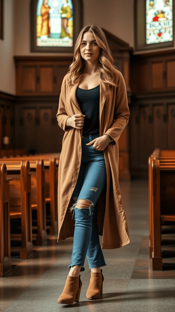 A woman wearing ripped jeans and a long duster cardigan standing in a church interior.