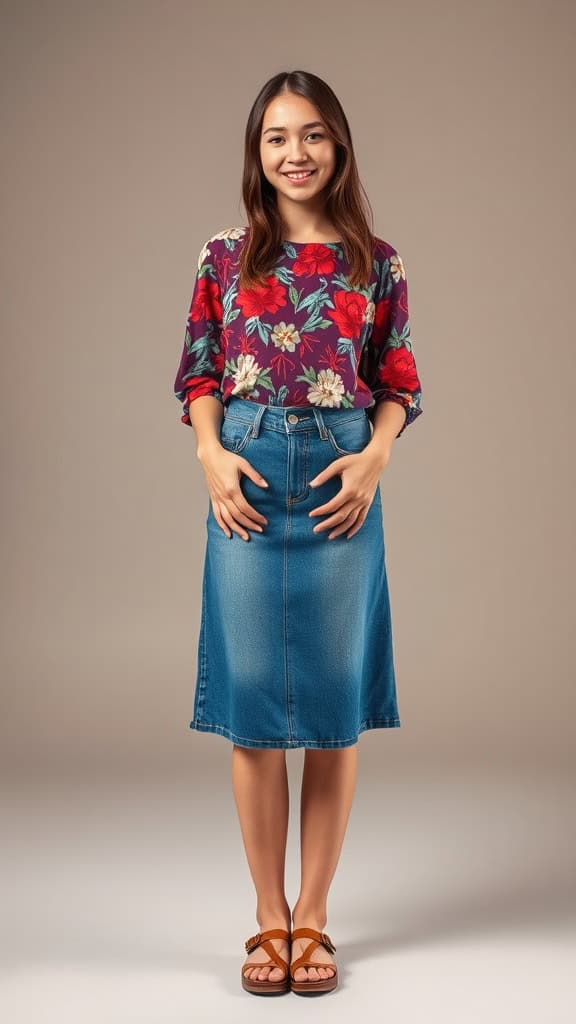 A young girl wearing a floral blouse and denim skirt, standing outdoors with a backpack.