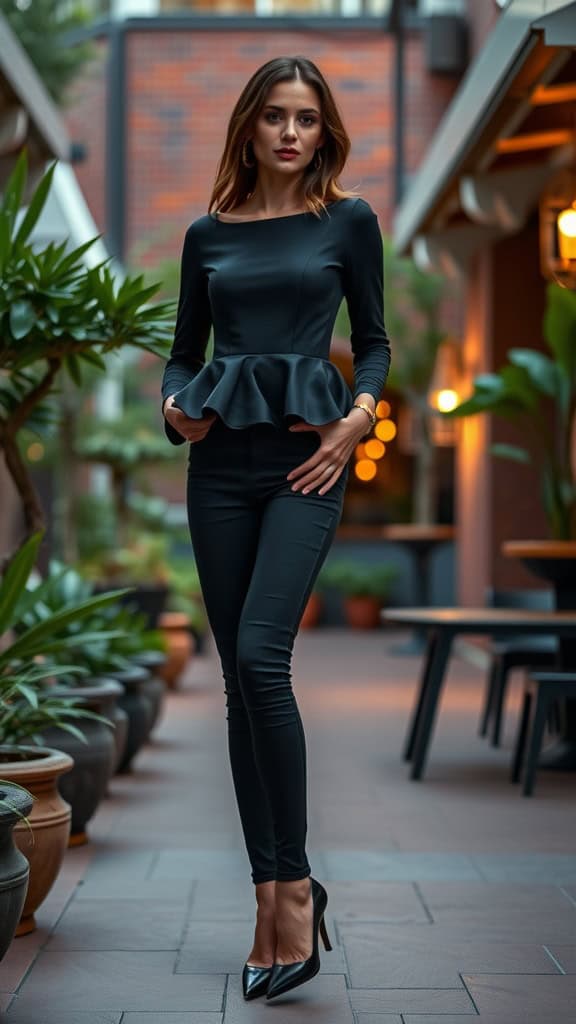 A woman in dark skinny jeans and a peplum top, wearing block heels, stands confidently in a stylish outdoor setting.