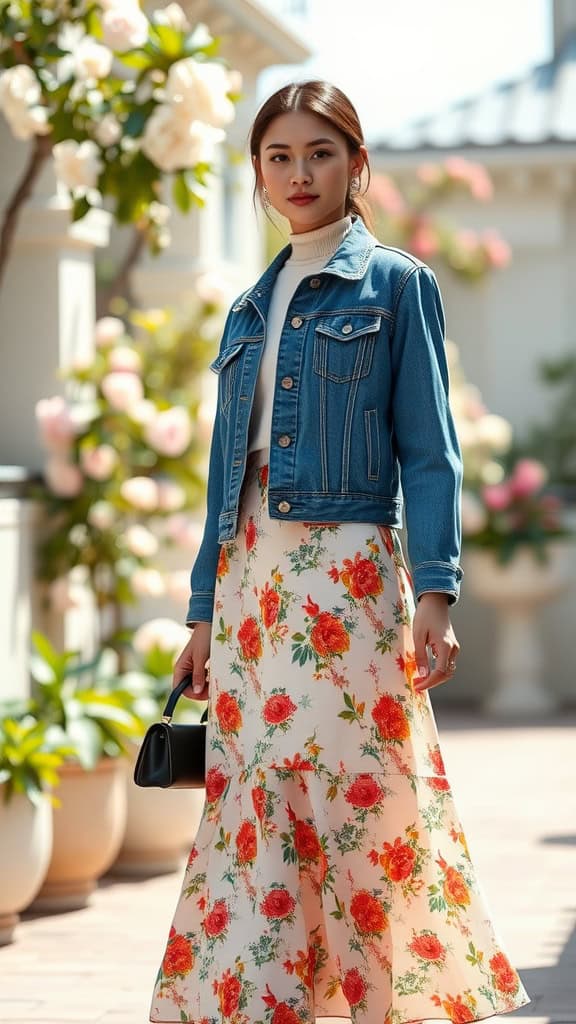 A woman wearing a denim jacket and floral A-line skirt, posing in a garden setting.