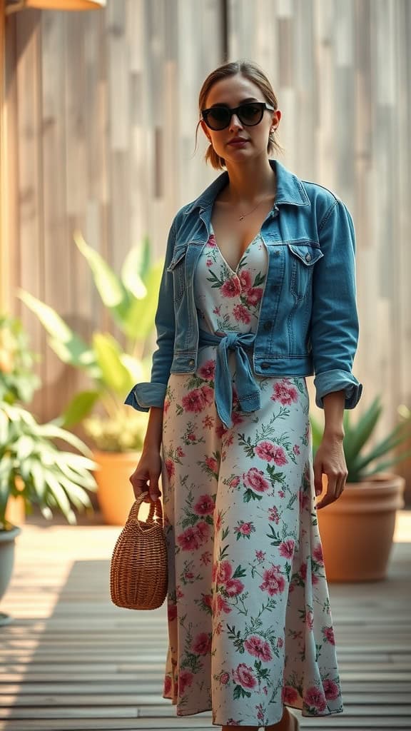 A woman wearing a denim jacket over a floral midi dress, holding a small bag, with plants in the background.