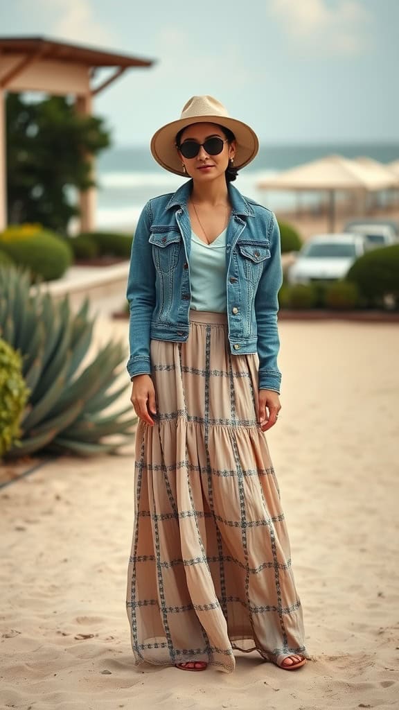 Woman wearing a denim jacket and maxi skirt on the beach, looking stylish and comfortable