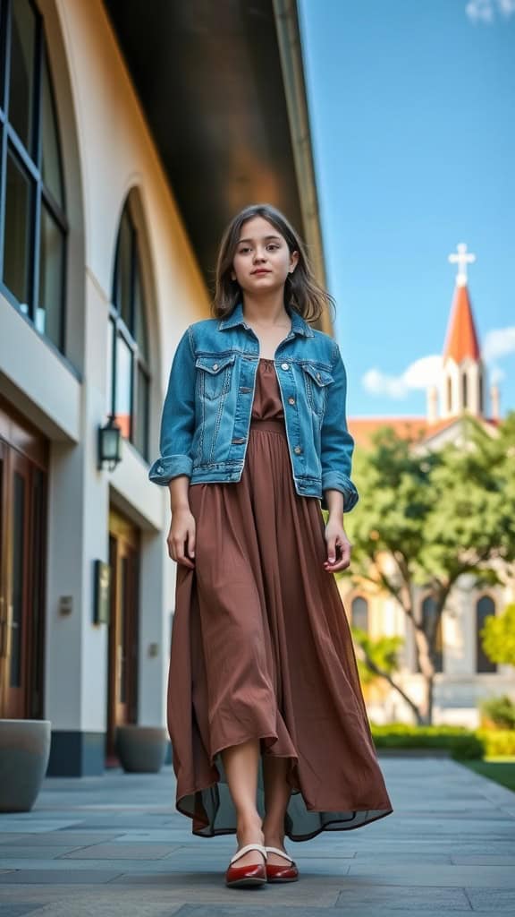 A girl wearing a denim jacket over a brown midi dress, walking outside a church.