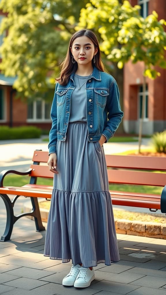 A young woman wearing a grey maxi dress with a denim jacket and white sneakers, standing outdoors