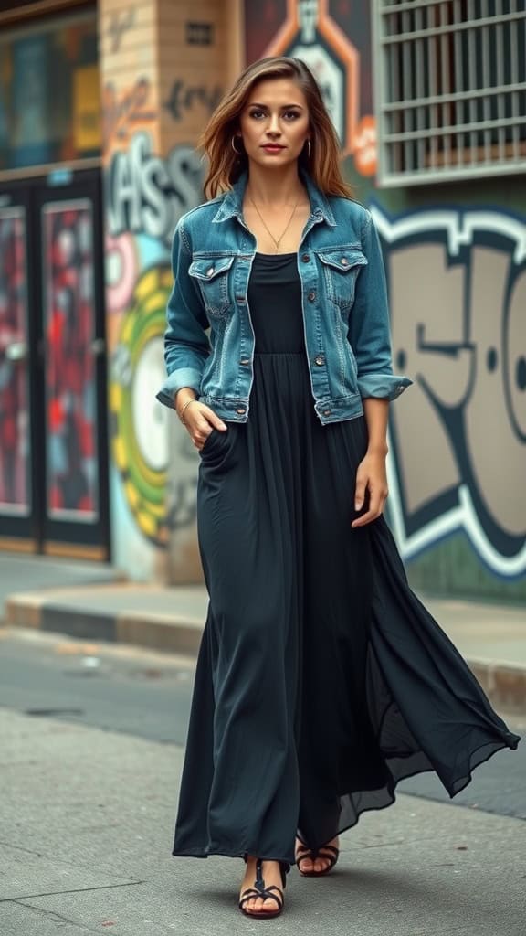 A woman wearing a denim jacket over a black maxi dress, posing confidently in an urban environment with colorful murals.