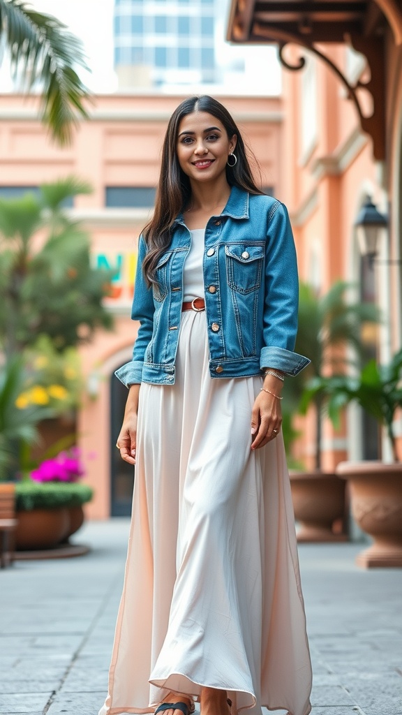 A woman wearing a denim jacket over a maxi dress, smiling in an outdoor setting.