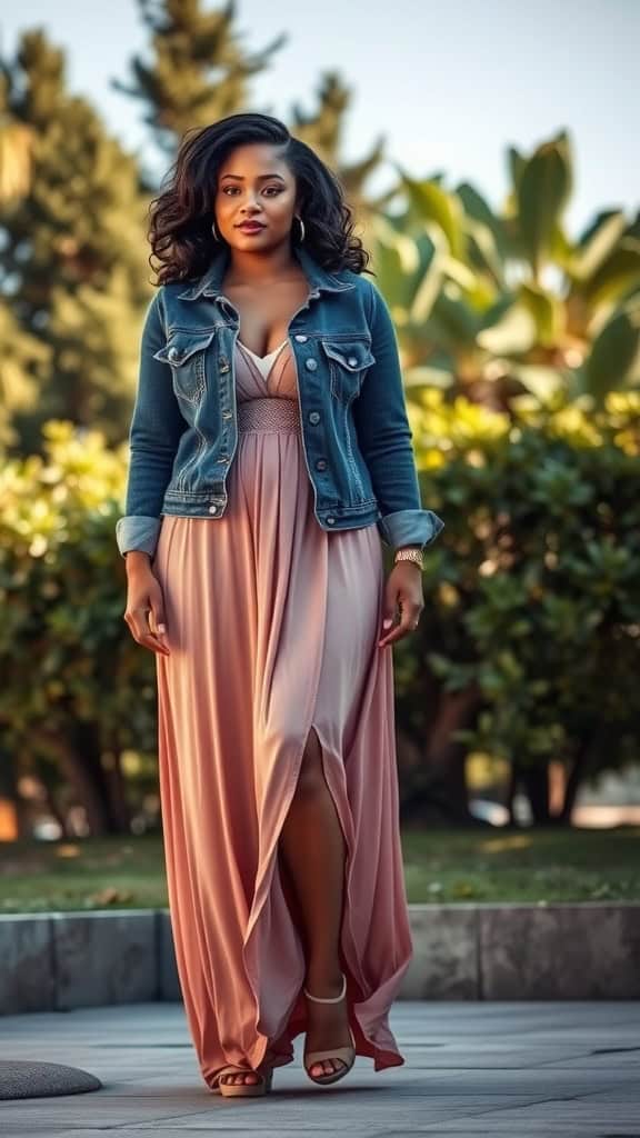 A woman wearing a pink maxi dress and denim jacket, standing in a garden.