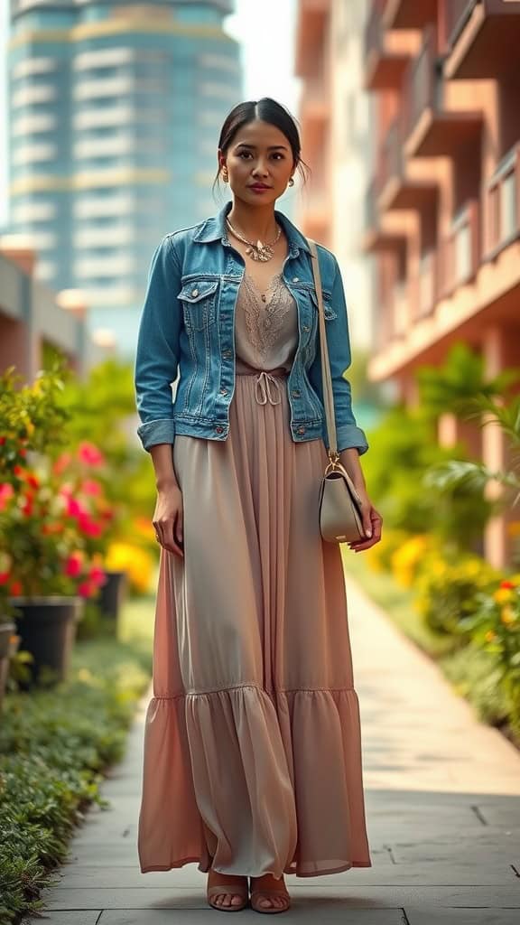 A woman wearing a denim jacket over a flowing maxi dress in a colorful garden setting.