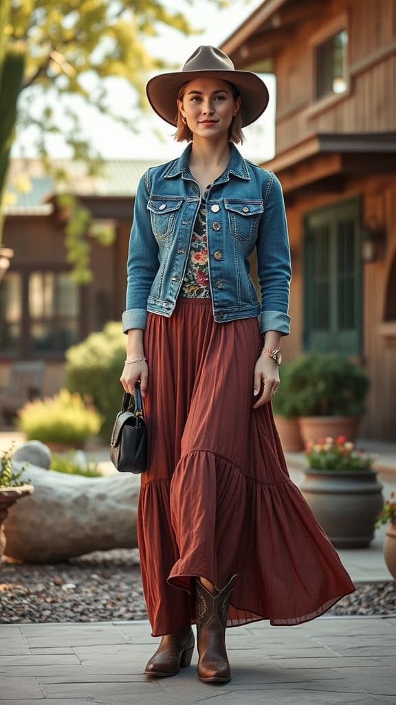 A woman wearing a denim jacket, floral top, and rust-colored maxi skirt with cowboy boots, standing outside a rustic building.