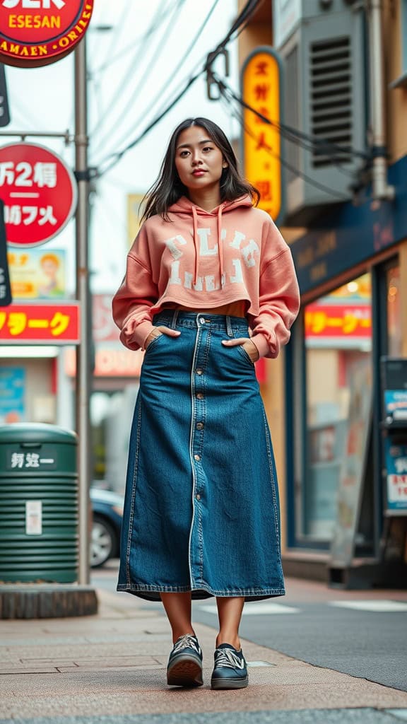 A woman wearing a cropped hoodie and a denim maxi skirt, showcasing a modest Y2K outfit.