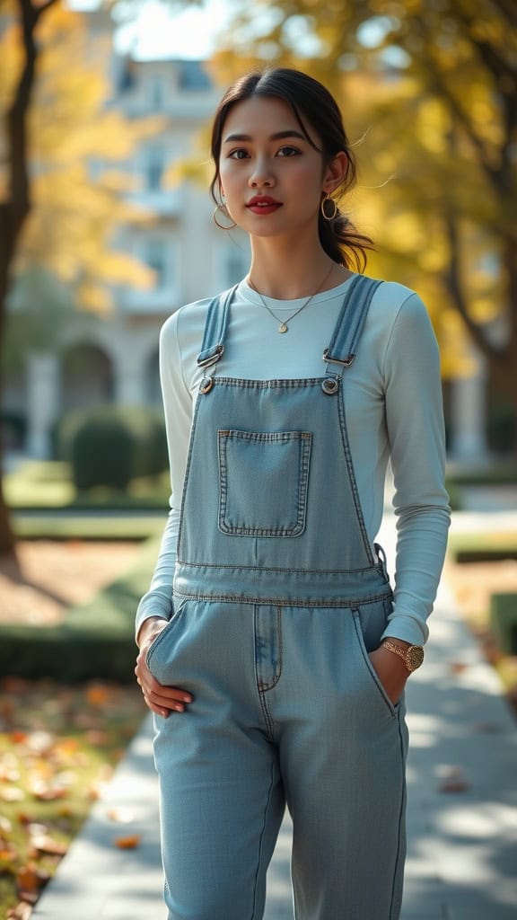 A young woman in denim overalls and a long-sleeve tee, standing outdoors in autumn