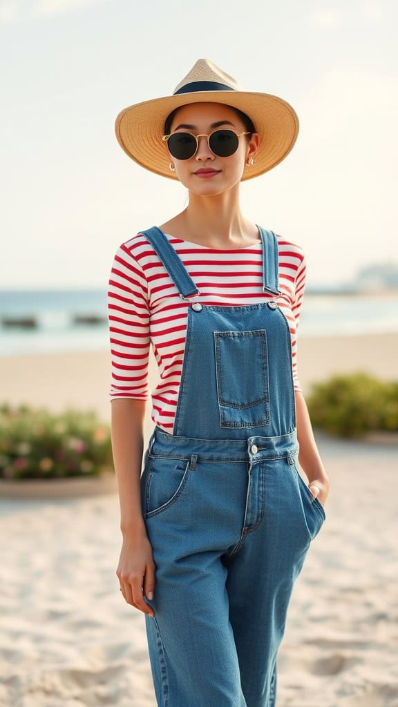 A woman wearing denim overalls and a striped top at the beach with a straw hat and sunglasses.