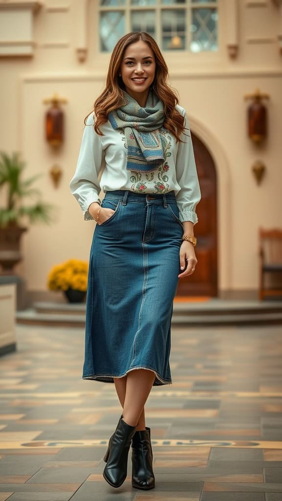 A woman wearing a denim skirt and an embroidered blouse, standing confidently with a smile.