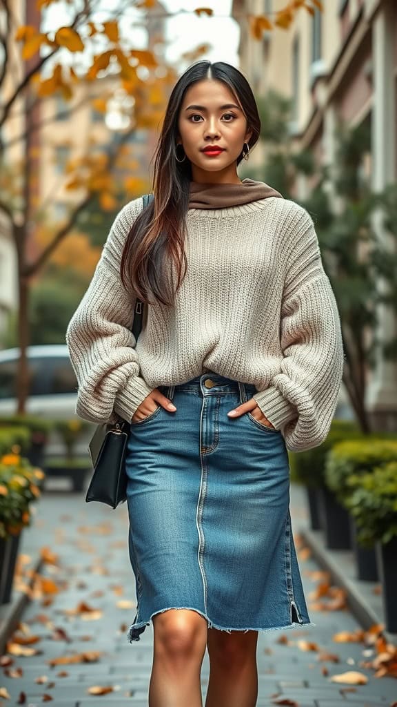 A woman wearing a cozy sweater and a denim skirt, walking on a path lined with trees.