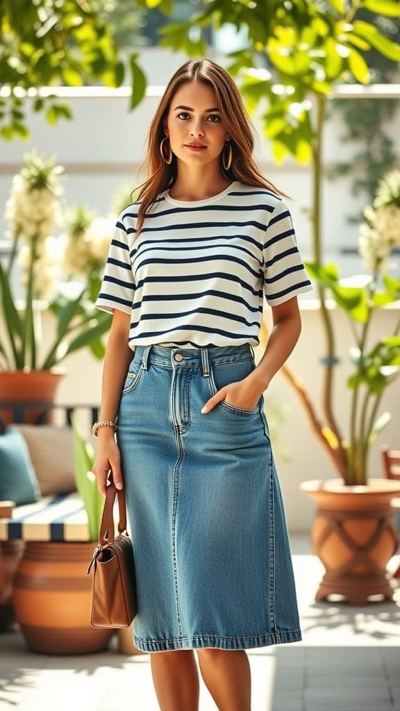 A woman wearing a denim skirt and a striped tee, standing outdoors in a sunny environment.