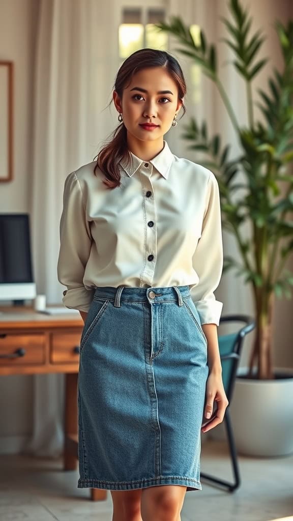 A woman wearing a beige blouse tucked into a denim skirt, standing in a well-lit office space with plants in the background.