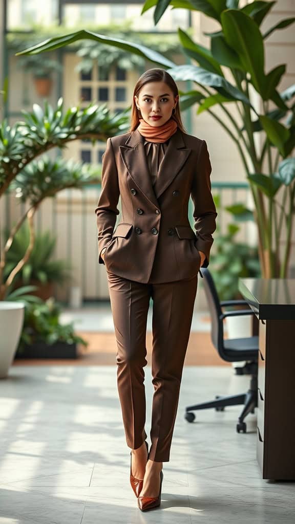 A woman wearing a brown double-breasted blazer with skinny trousers, standing confidently in an office setting with plants in the background.