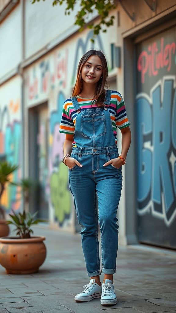 Teen girl wearing denim dungarees with a striped t-shirt and white sneakers, posing confidently.