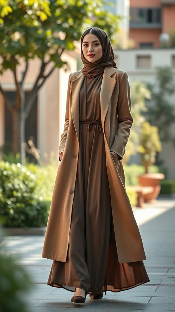 A woman walking in a stylish duster coat over a maxi dress, showcasing a modern modest outfit.