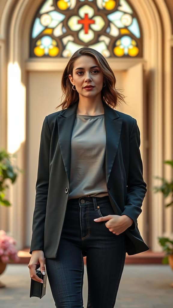 A woman in a fitted blazer, plain top, and jeans stands confidently in front of a church window.