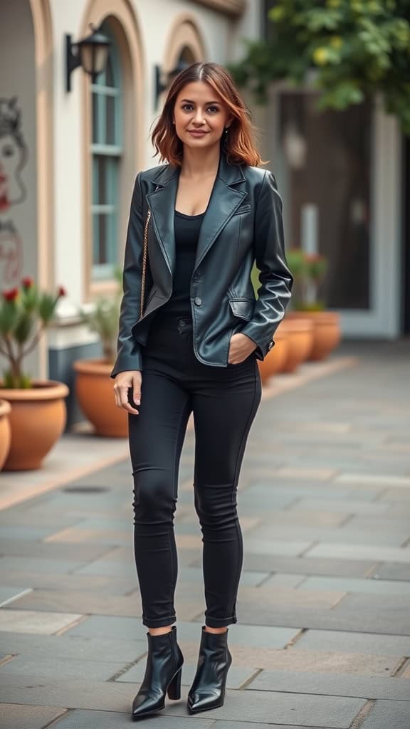 A woman wearing a leather blazer, black jeans, and black boots, standing outside in an urban setting.