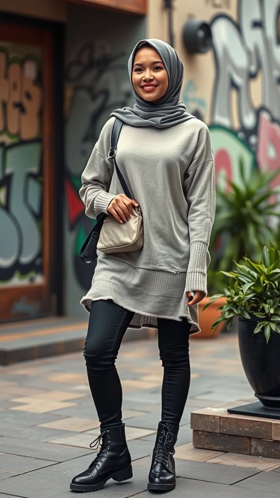 A woman in a gray distressed sweater, black skinny jeans, and combat boots, smiling with a bag in hand against a colorful graffiti backdrop.