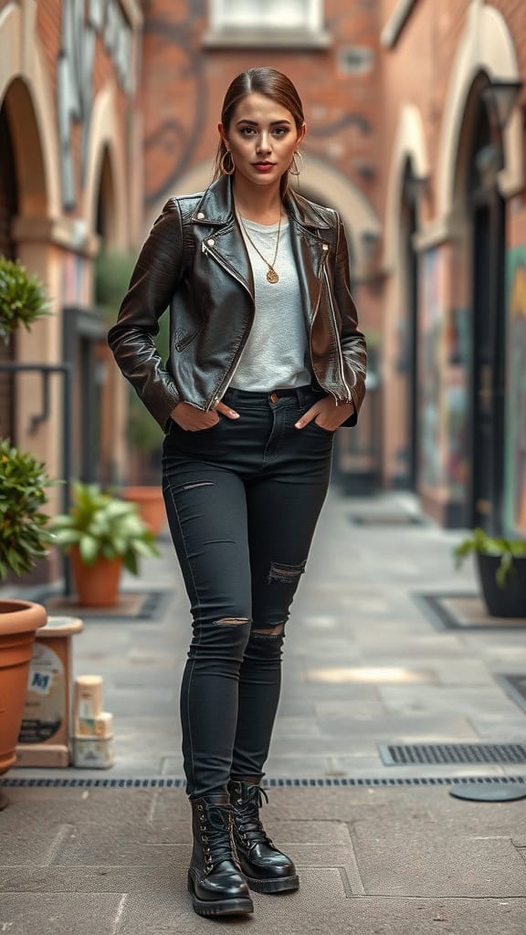 A model wearing a faux leather jacket, black ripped jeans, and combat boots, standing in an urban alley