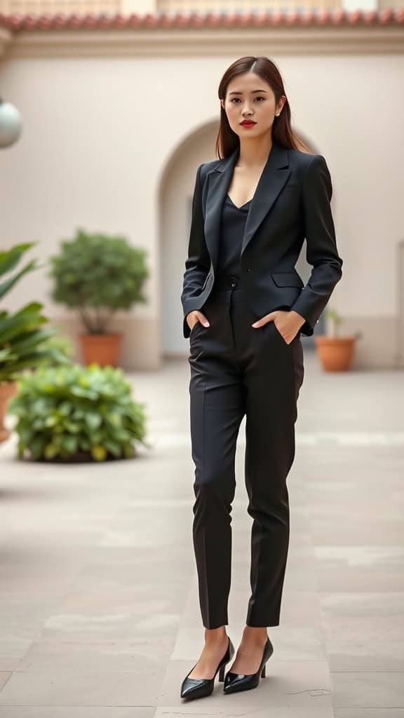 A woman in a black blazer and cigarette pants, standing confidently in a stylish outfit.