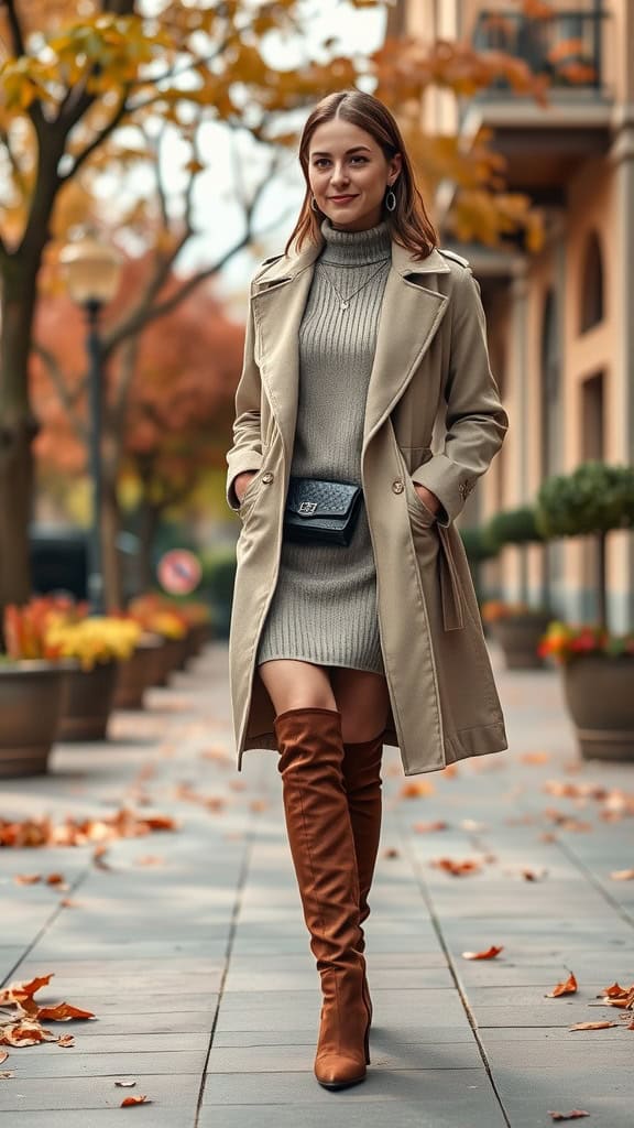 A woman in a sweater dress, knee-high boots, and a trench coat walking in a fall setting.