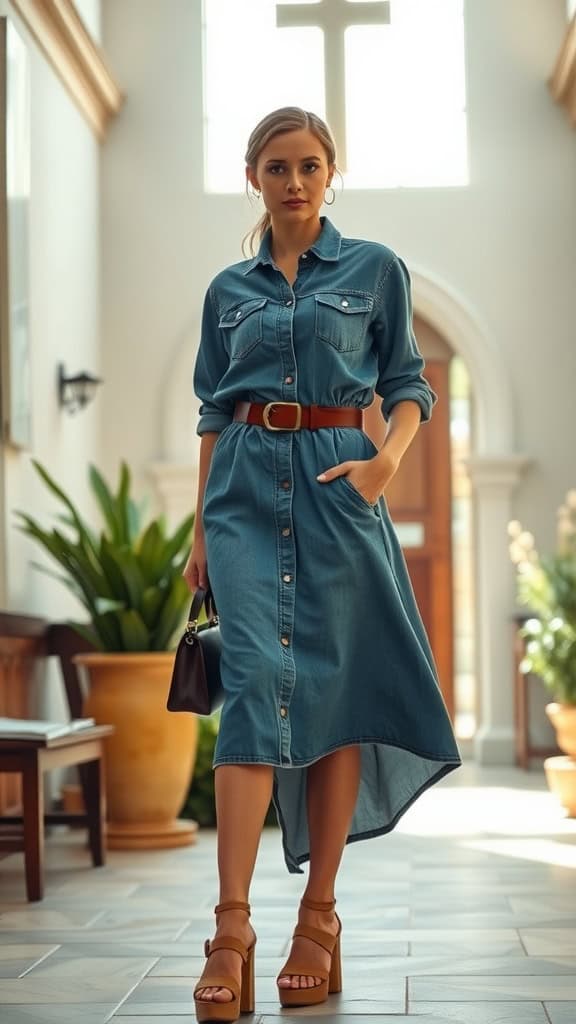 A woman wearing a denim dress with a belt and chic sandals, standing in a church hallway with a cross in the background.