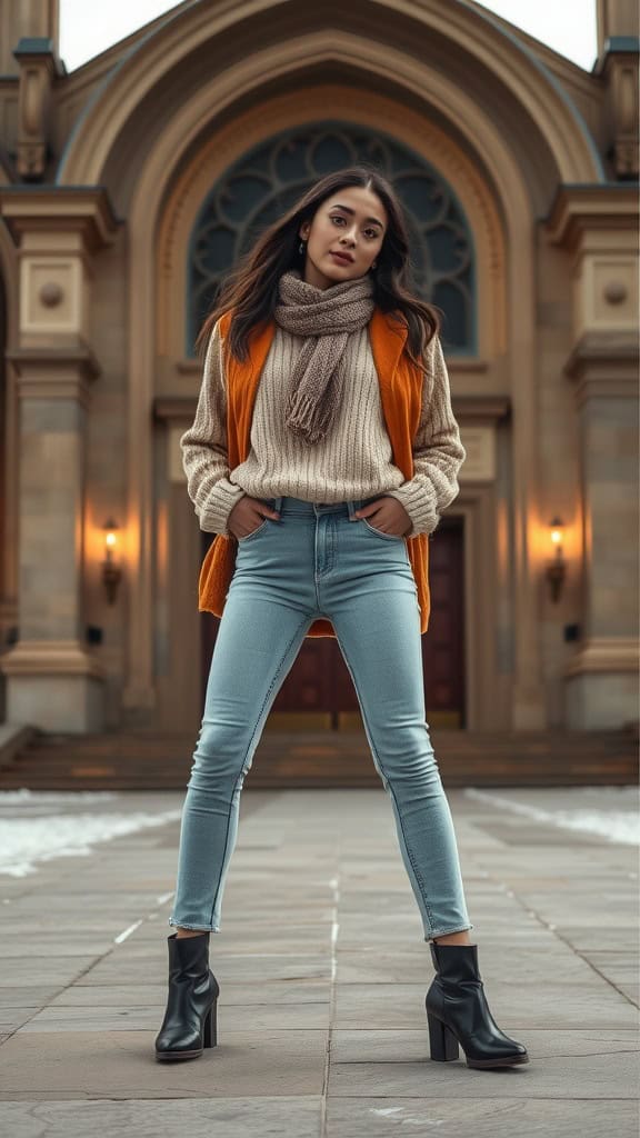 A woman wearing light-wash jeans, a cozy knit sweater, and an orange vest, standing confidently outside a church.