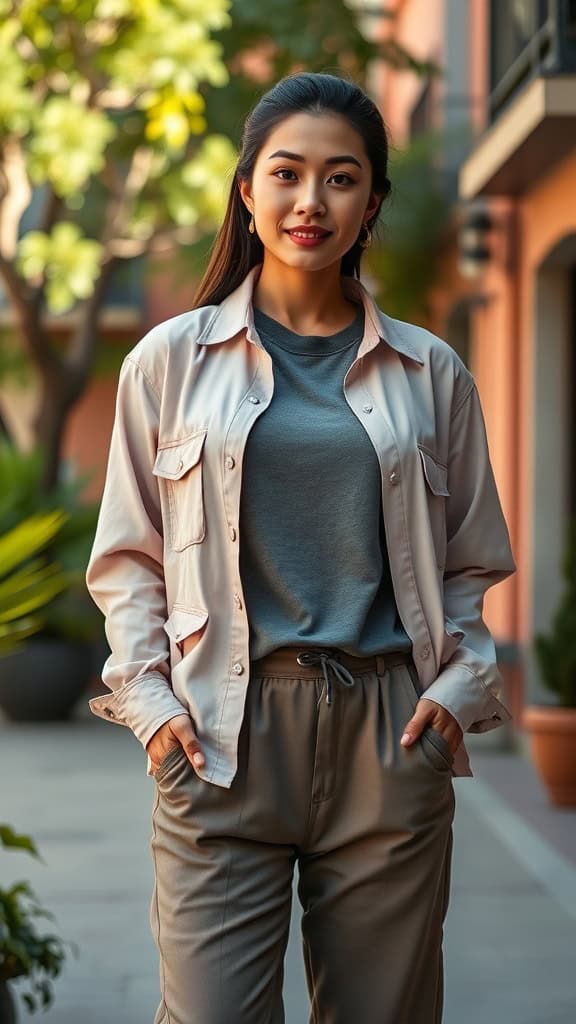 A woman in a button-up shirt over a tee and straight-leg joggers, showcasing a modest sporty outfit.