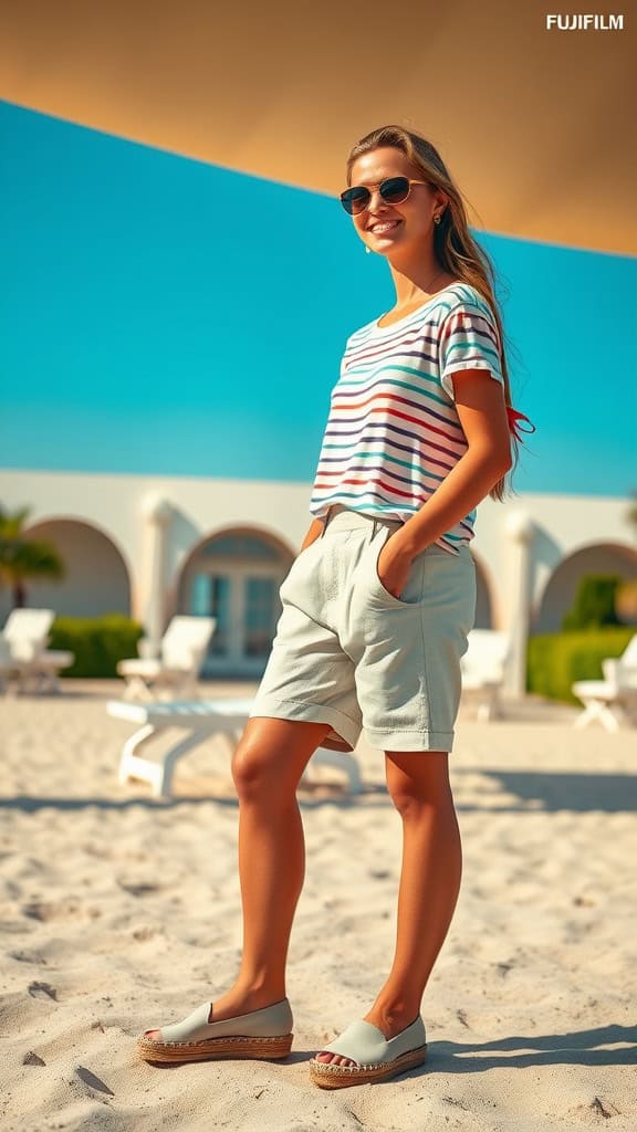 Model wearing a striped tee and linen shorts with espadrille flats on a sunny beach