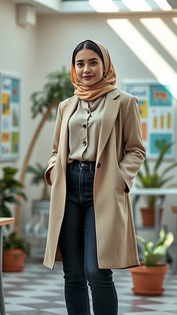 A stylish woman wearing dark jeans, a blouse, and a long blazer, posing in an indoor setting with plants around.