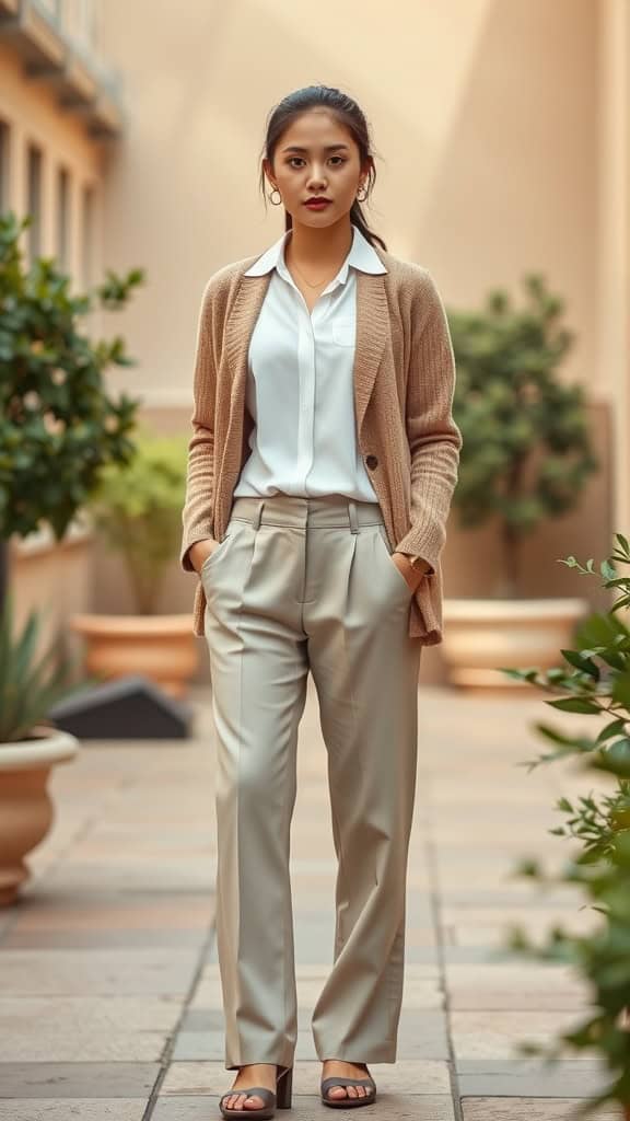 A woman in a beige slacks, white blouse, and tan cardigan standing confidently in a serene outdoor setting.