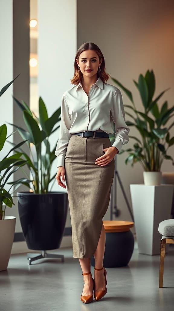 A woman in a pencil skirt and blouse standing in a modern office setting