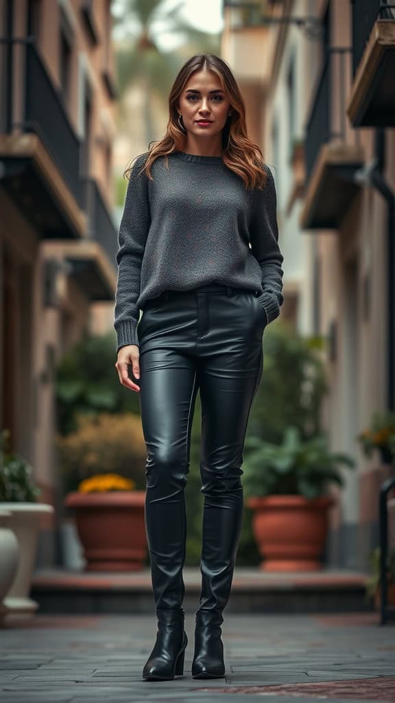 Woman wearing faux leather pants, knit top, and ankle boots in an urban setting.