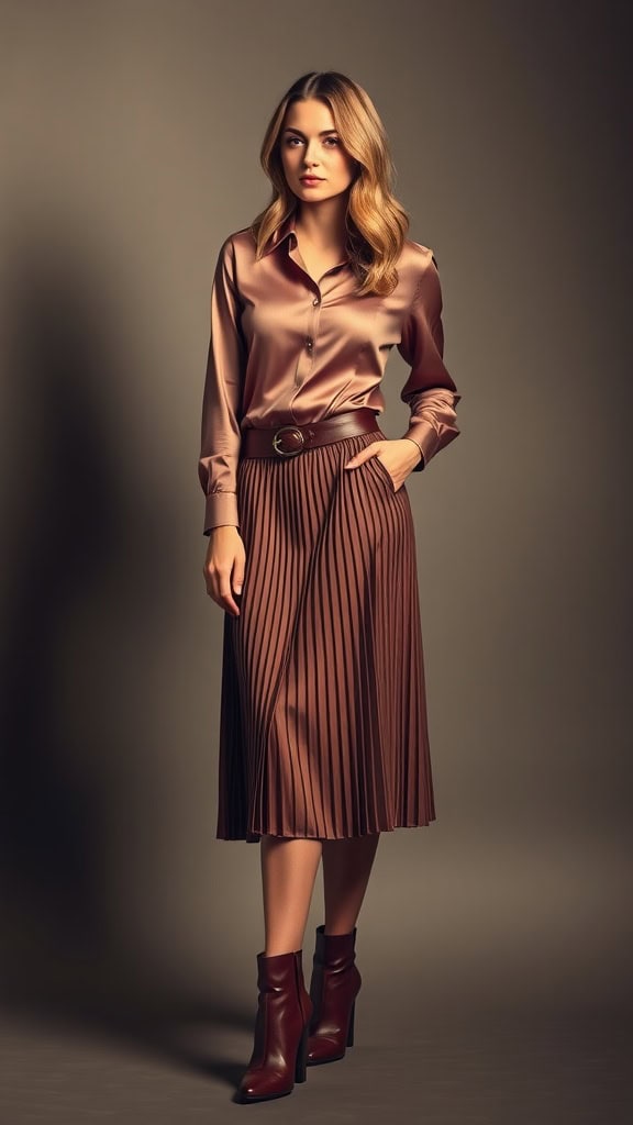 A woman in a silk blouse and pleated skirt paired with heeled boots, standing in front of a clothing rack.