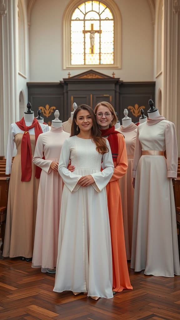 Two women in elegant choir dresses showcasing a collection of floor-length gowns in a church setting