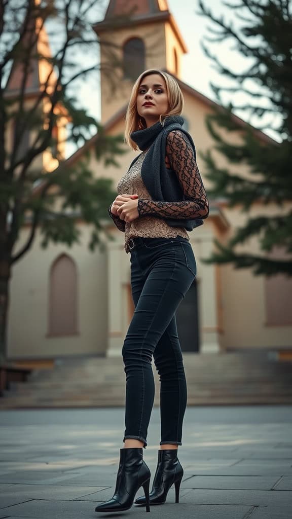 A woman wearing dark jeans and a lace blouse outside a church, styled elegantly with ankle boots.